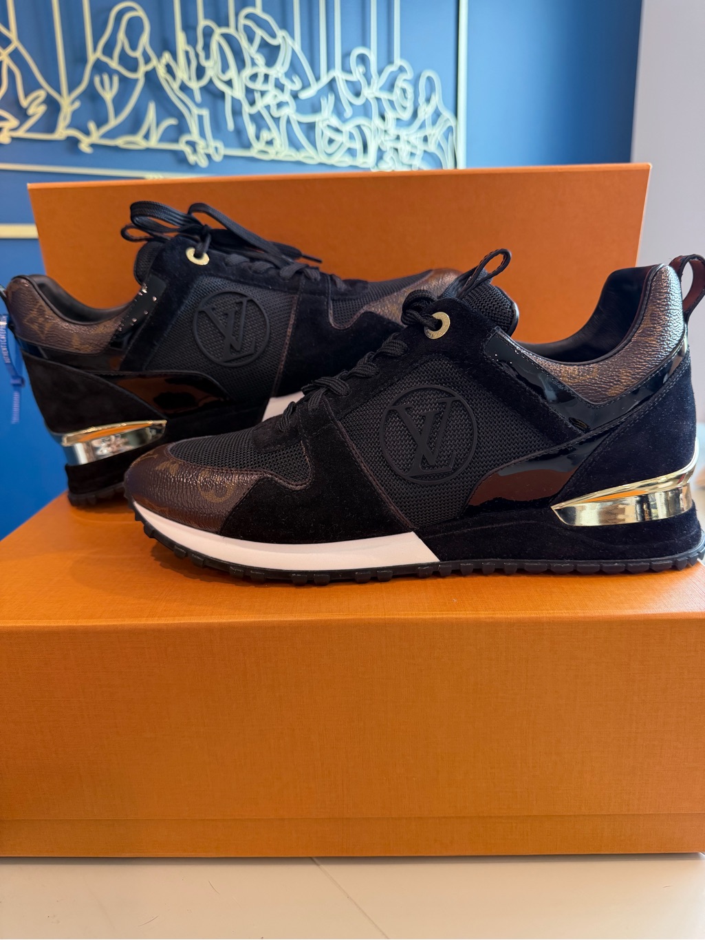 Louis Vuitton Monogram Run Away Sneakers Black Gold & Brown Size 39.5 Like New